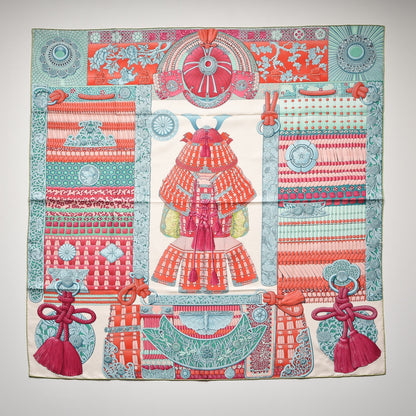 Hermes Silk Parures de Samourais Scarf 90 Creme Aqua Coral 3 of 7