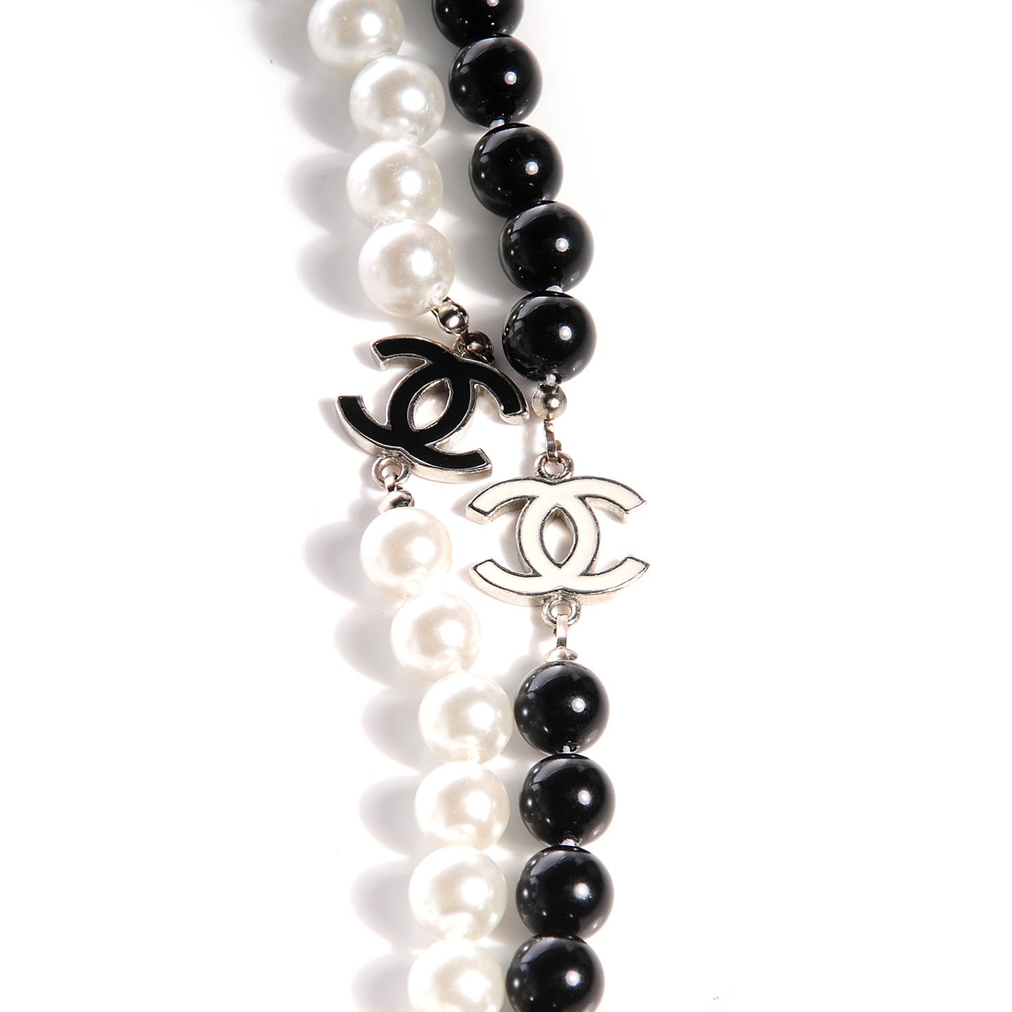 Pearl CC Beaded Long Necklace Black White