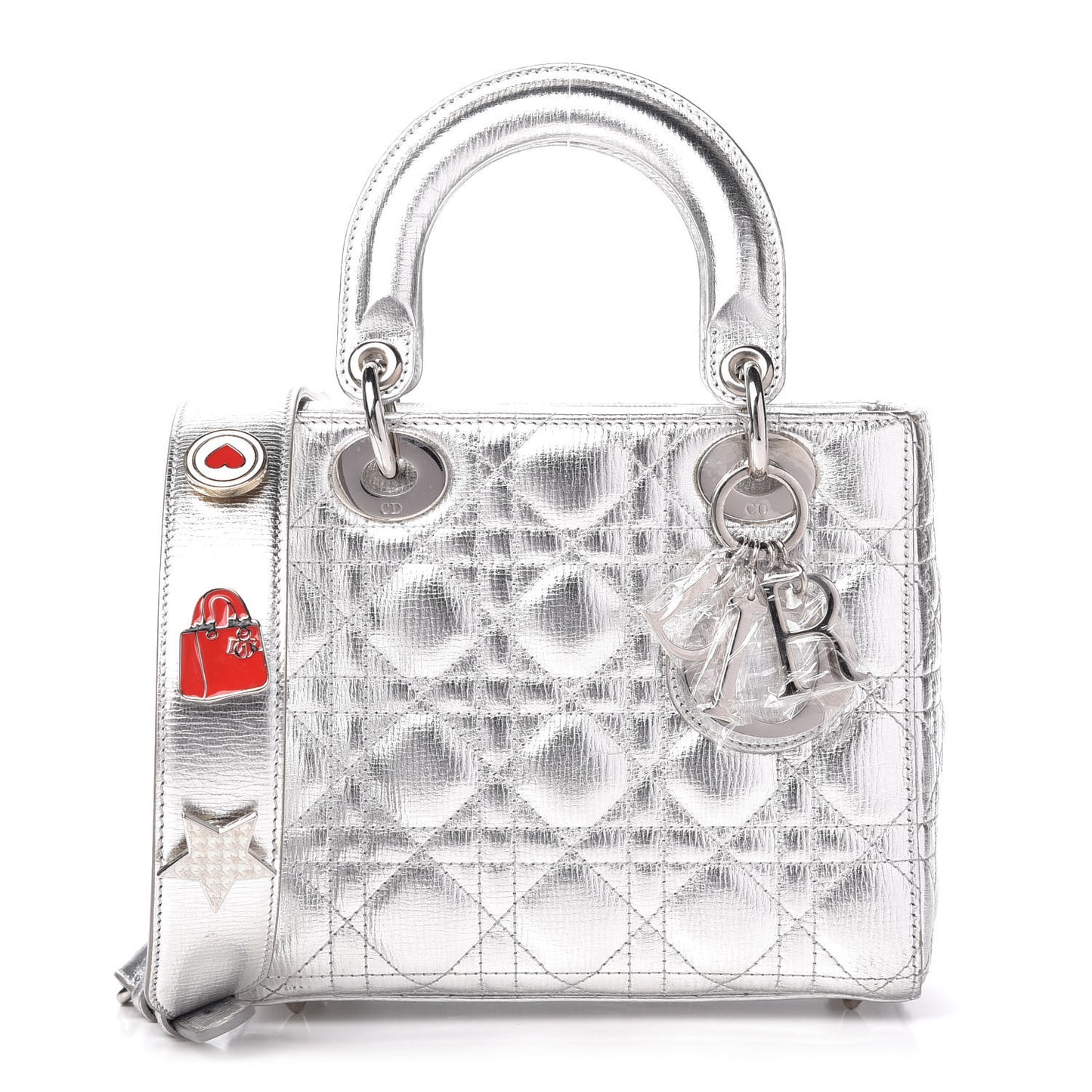 Metallic Grained Calfskin Cannage Small Lucky Badges My Lady Dior Silver