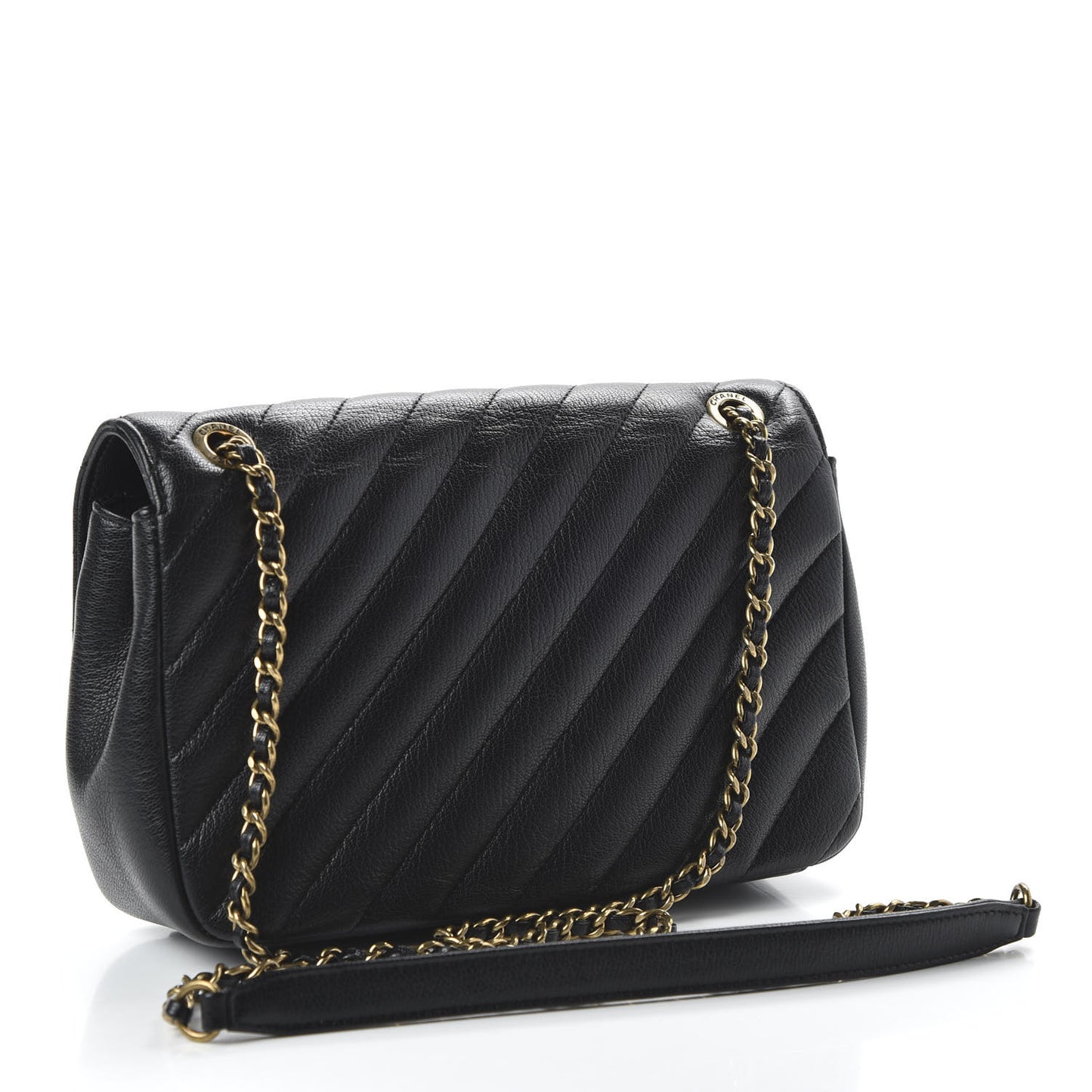 Shiny Goatskin Diagonal Quilted Small Flap Black