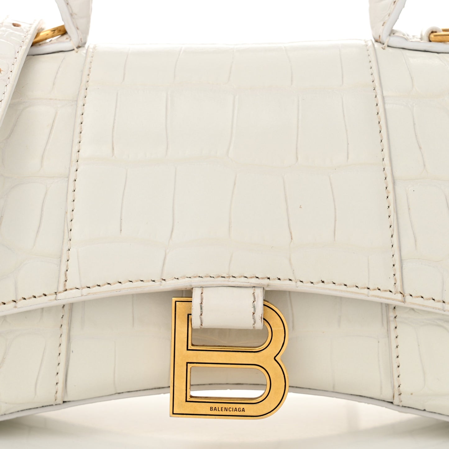 Shiny Calfskin Crocodile Embossed Hourglass Top Handle Bag XS White