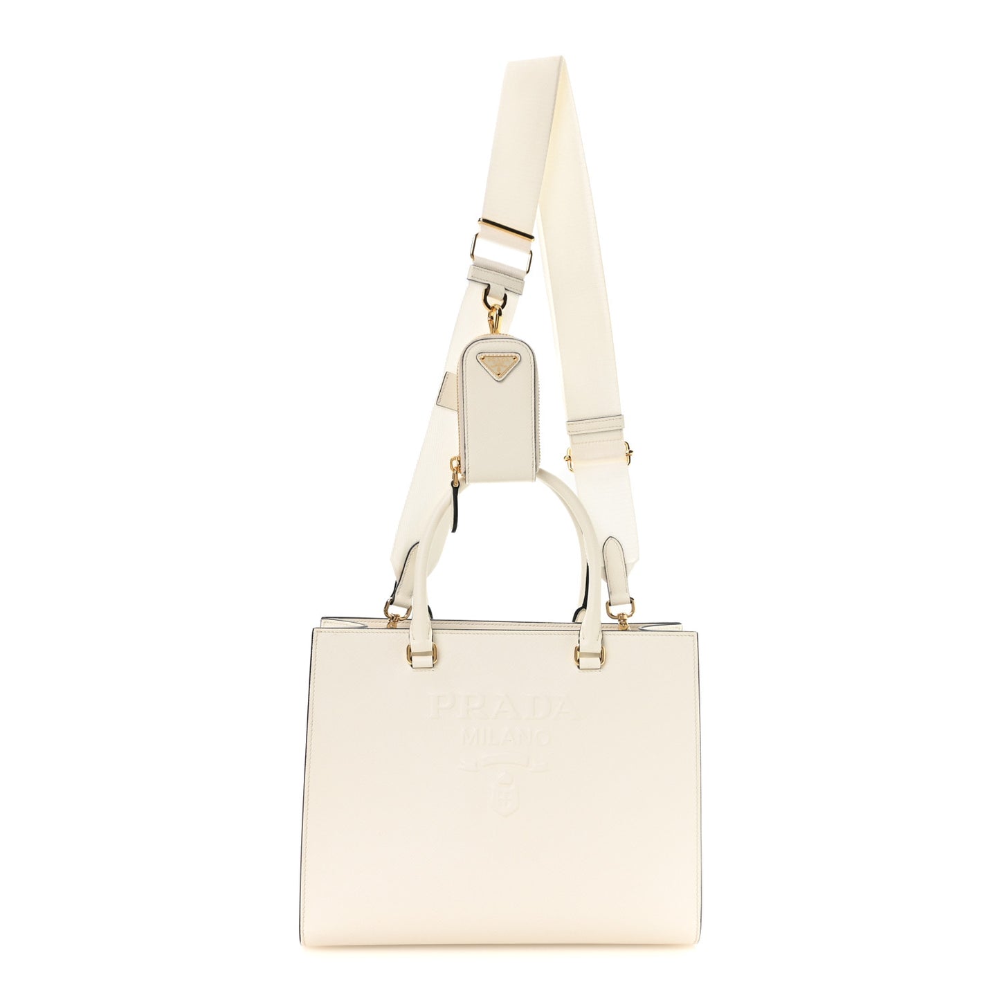 Saffiano Lux Logo Embossed Medium Shoulder Tote Handbag White