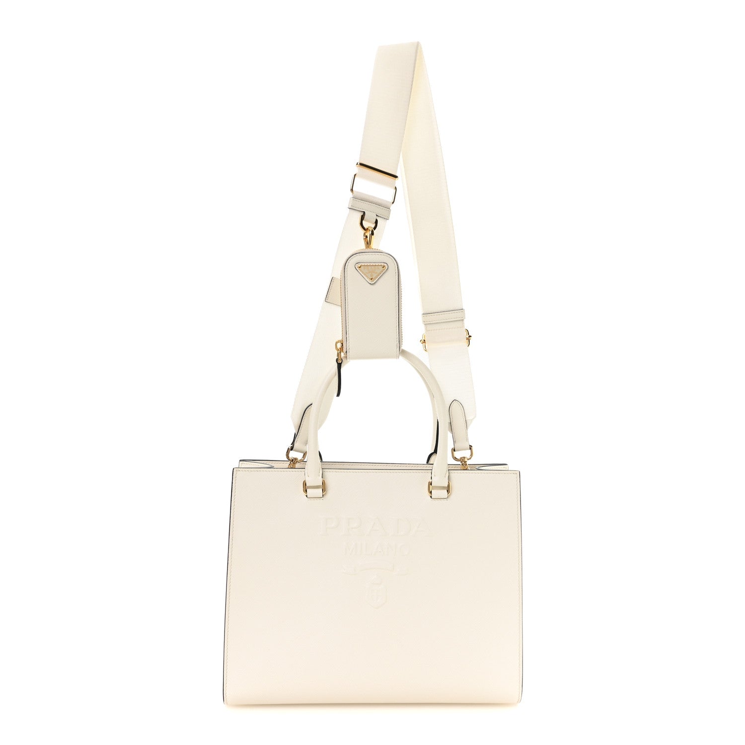 Prada Saffiano Lux Logo Embossed Medium Shoulder Tote Handbag White 1 of 12