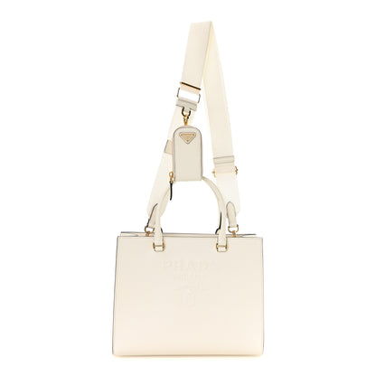 Prada Saffiano Lux Logo Embossed Medium Shoulder Tote Handbag White 1 of 12