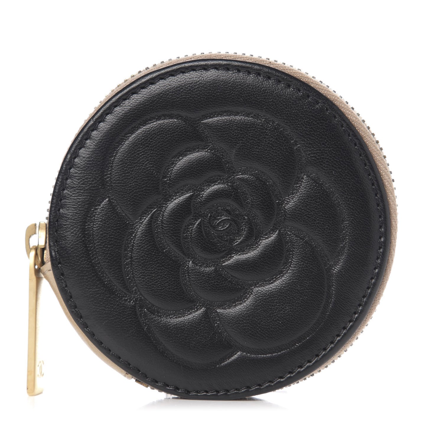 Lambskin Round Camellia CC Coin Purse Black