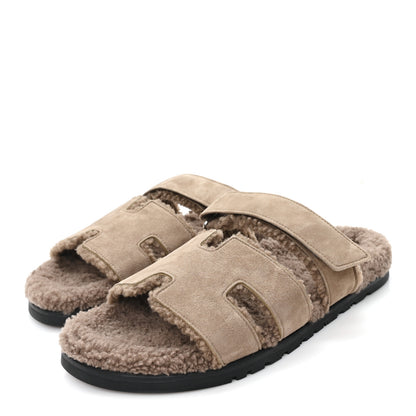 Hermes Suede Goatskin Woolskin Mens Chypre Sandals 42 Etoupe 4 of 9
