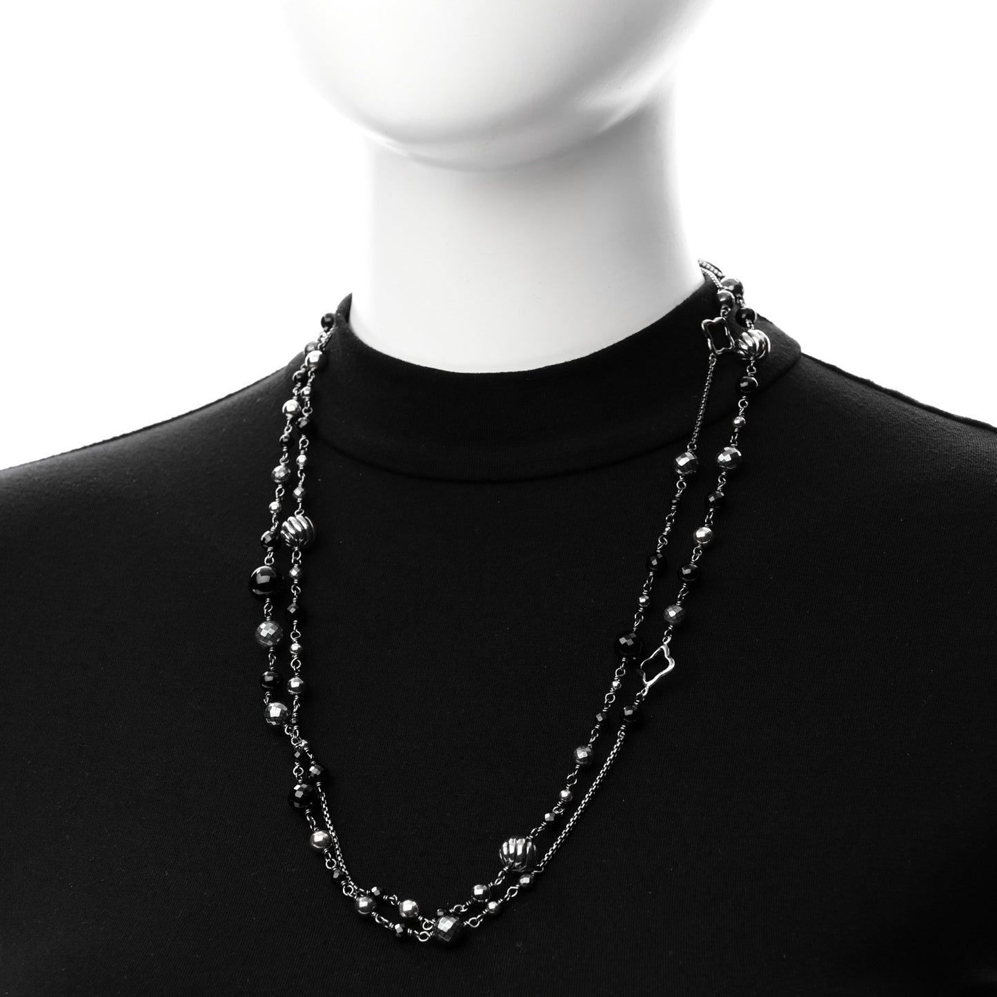 Darkened Sterling Silver Black Onyx Hematite Quatrefoil Bead Chain Necklace