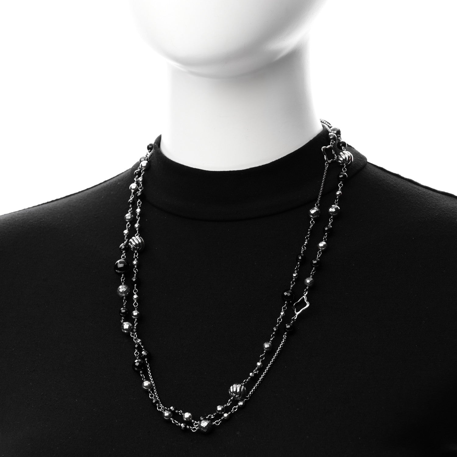 David Yurman Darkened Sterling Silver Black Onyx Hematite Quatrefoil Bead Chain Necklace 2 of 5