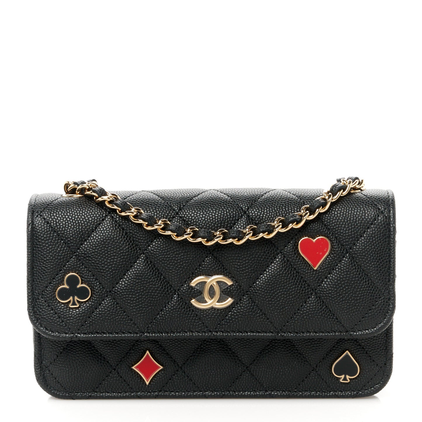 Caviar Quilted Enamel Coco Casino Flap Phone Holder With Chain Black