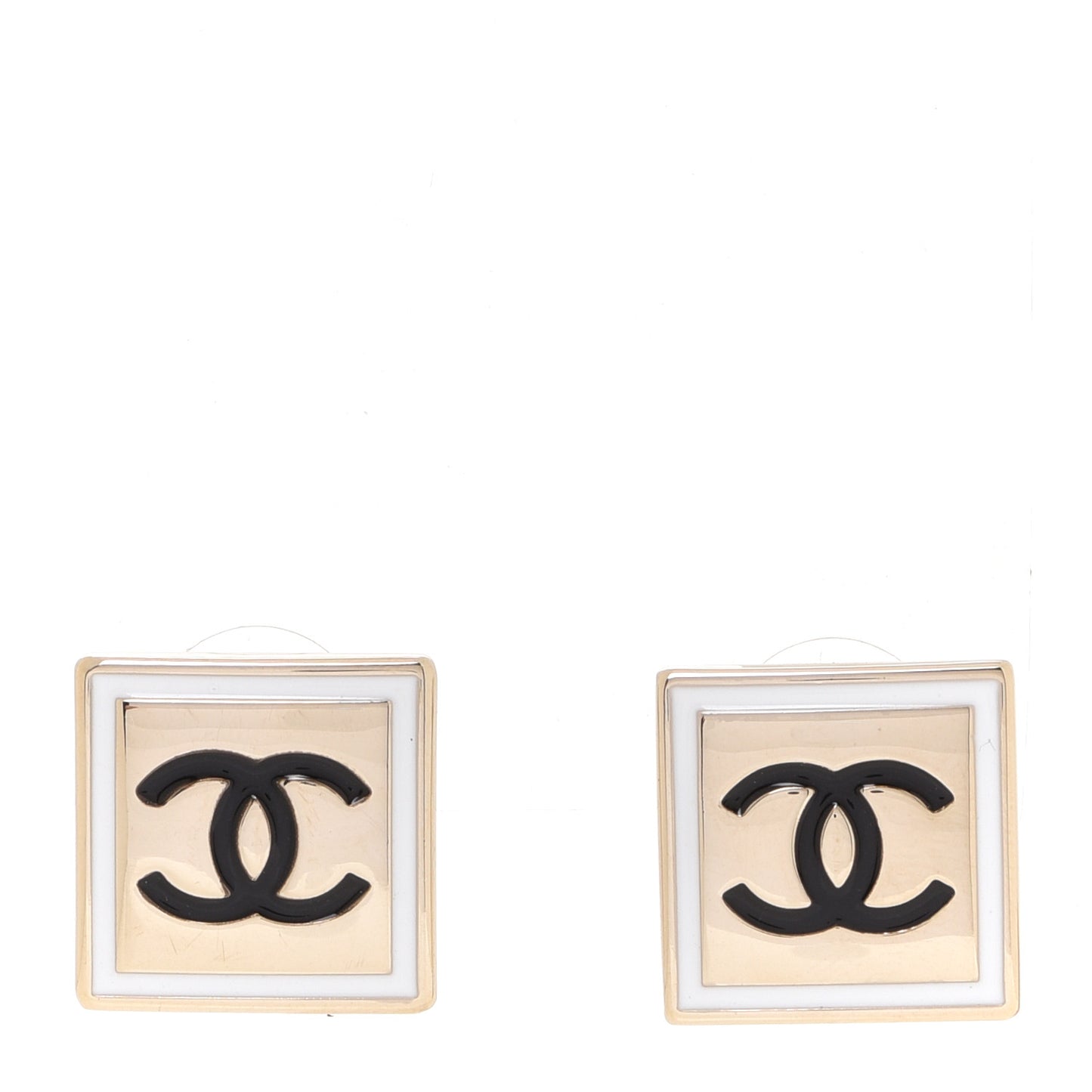 Metal Enamel CC Square Earrings Gold Black White