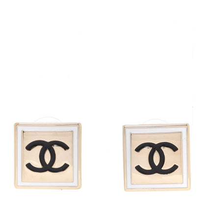 Chanel Metal Enamel CC Square Earrings Gold Black White 1 of 4