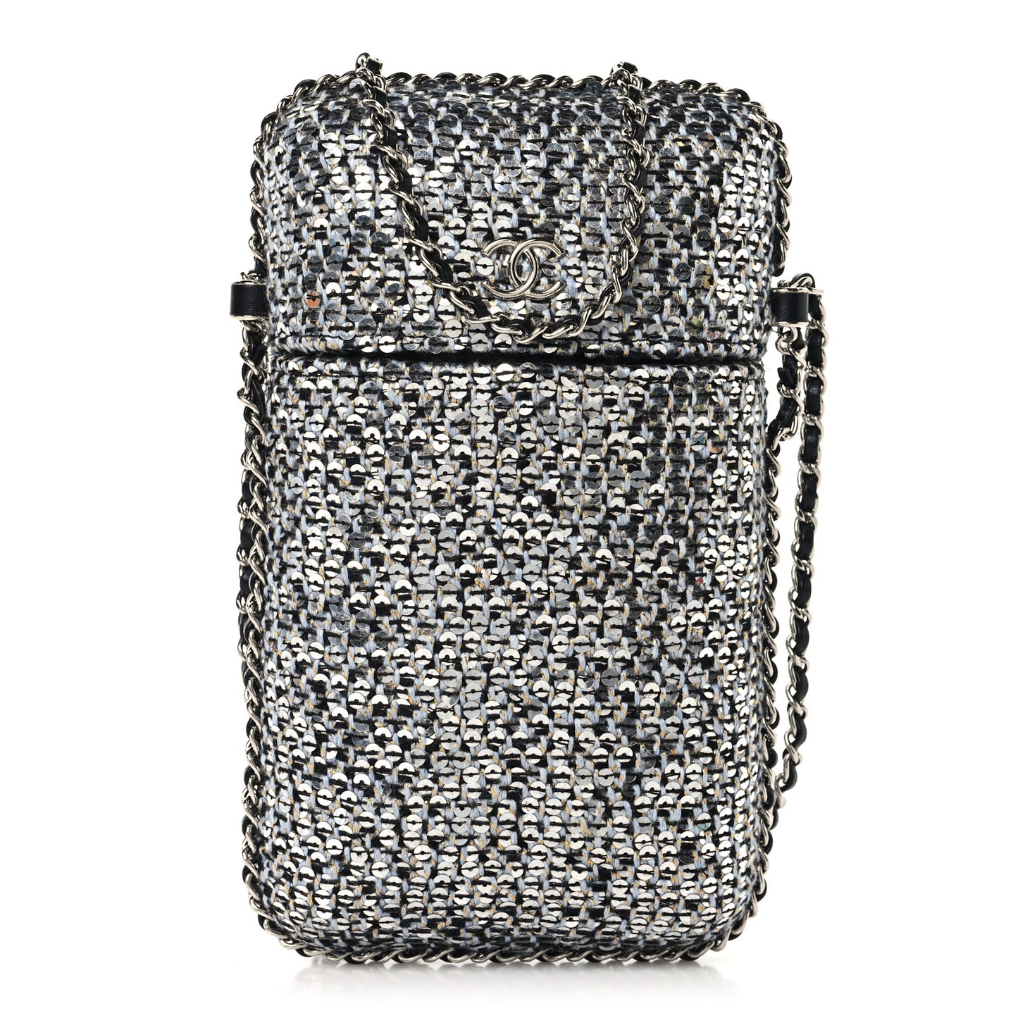 Tweed Sequin Chain Around Phone Holder Silver Black