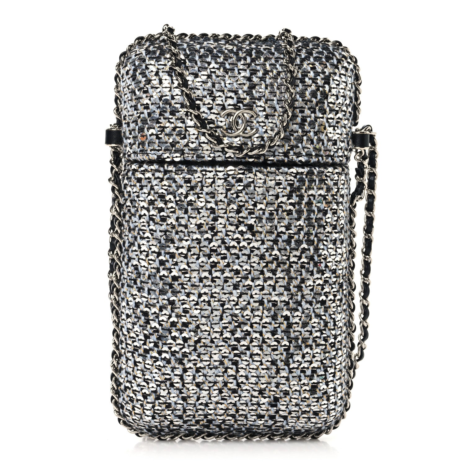 Chanel Tweed Sequin Chain Around Phone Holder Silver Black 1 of 10