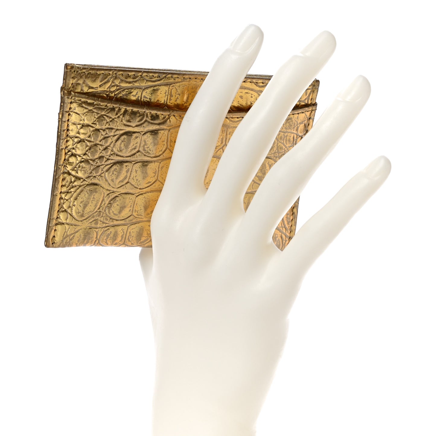 Metallic Calfskin Crocodile Embossed Cocodile Card Holder Gold