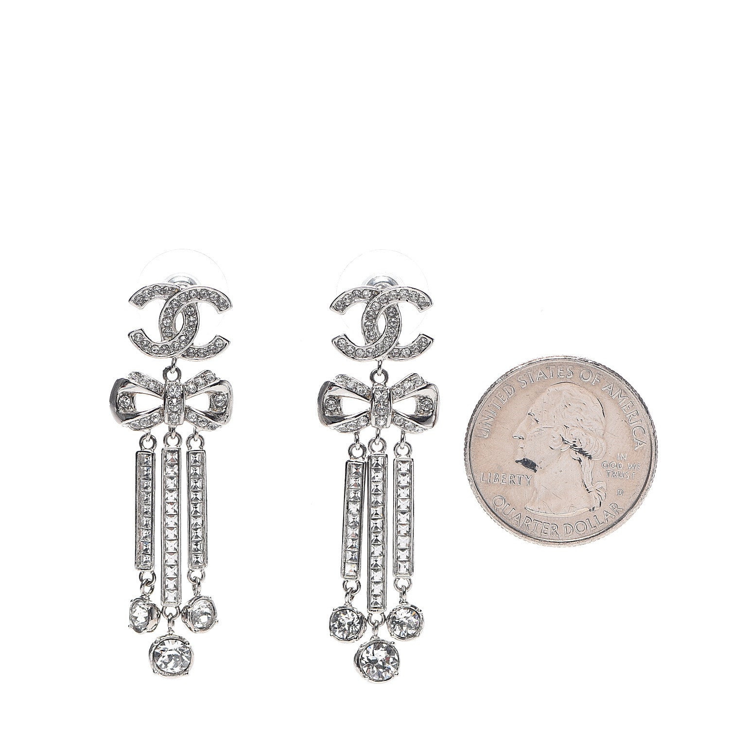 Chanel Crystal CC Bow Drop Earrings Silver 2 of 4