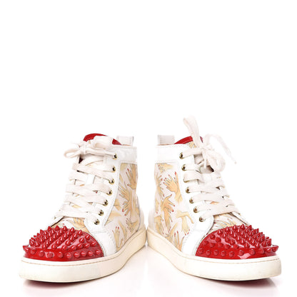 Christian Louboutin Toile Printed Patent Calfskin Tissu Beauty Spikes Louis Flat Sneakers 38 White 6 of 26
