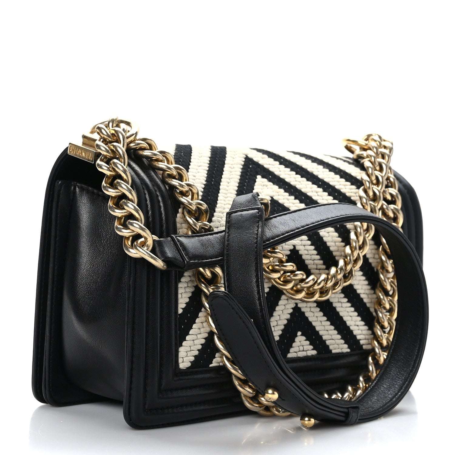 Chanel Fabric Chevron Braided Medium Boy Flap Black White 3 of 9