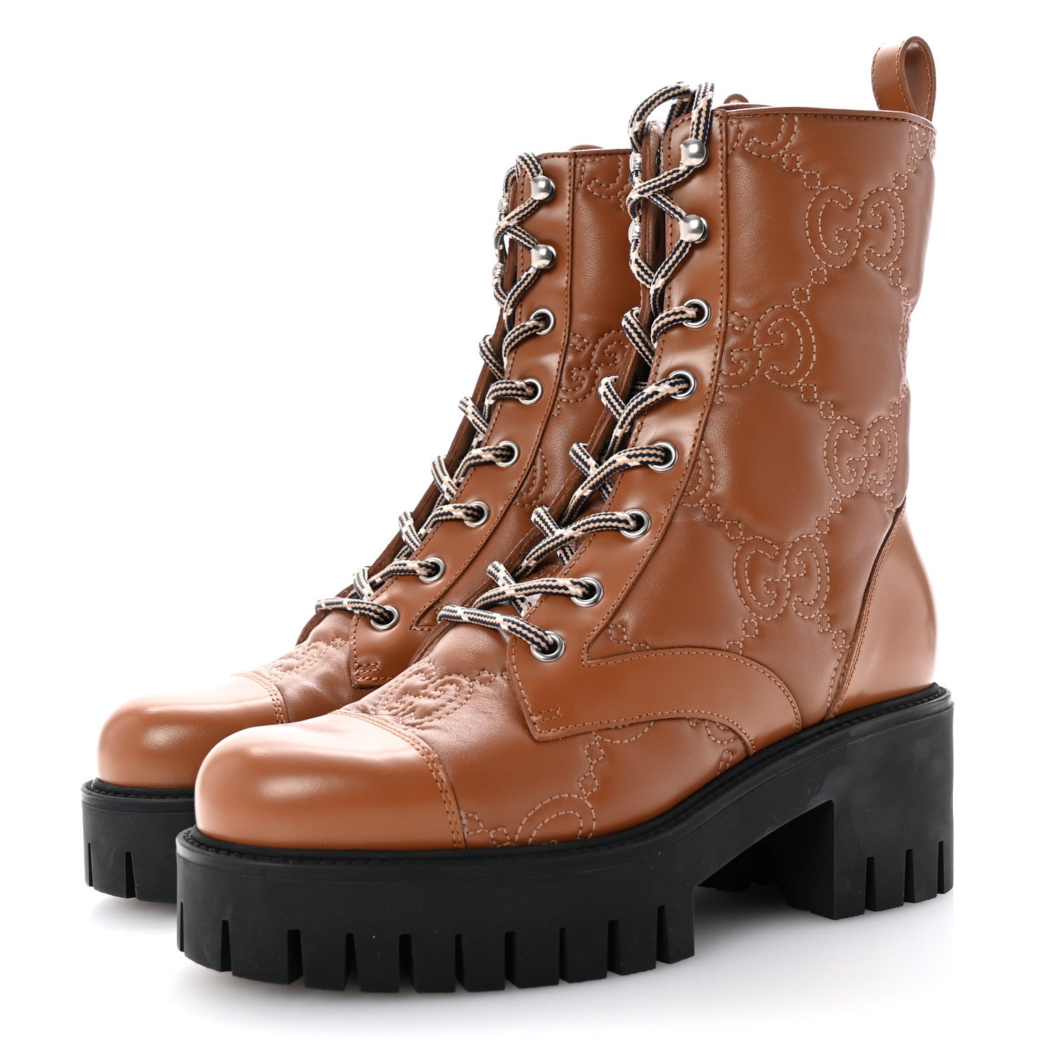 Gucci Cordovan Lux Nappa GG Matelasse Lace Up 60mm Combat Boots 36