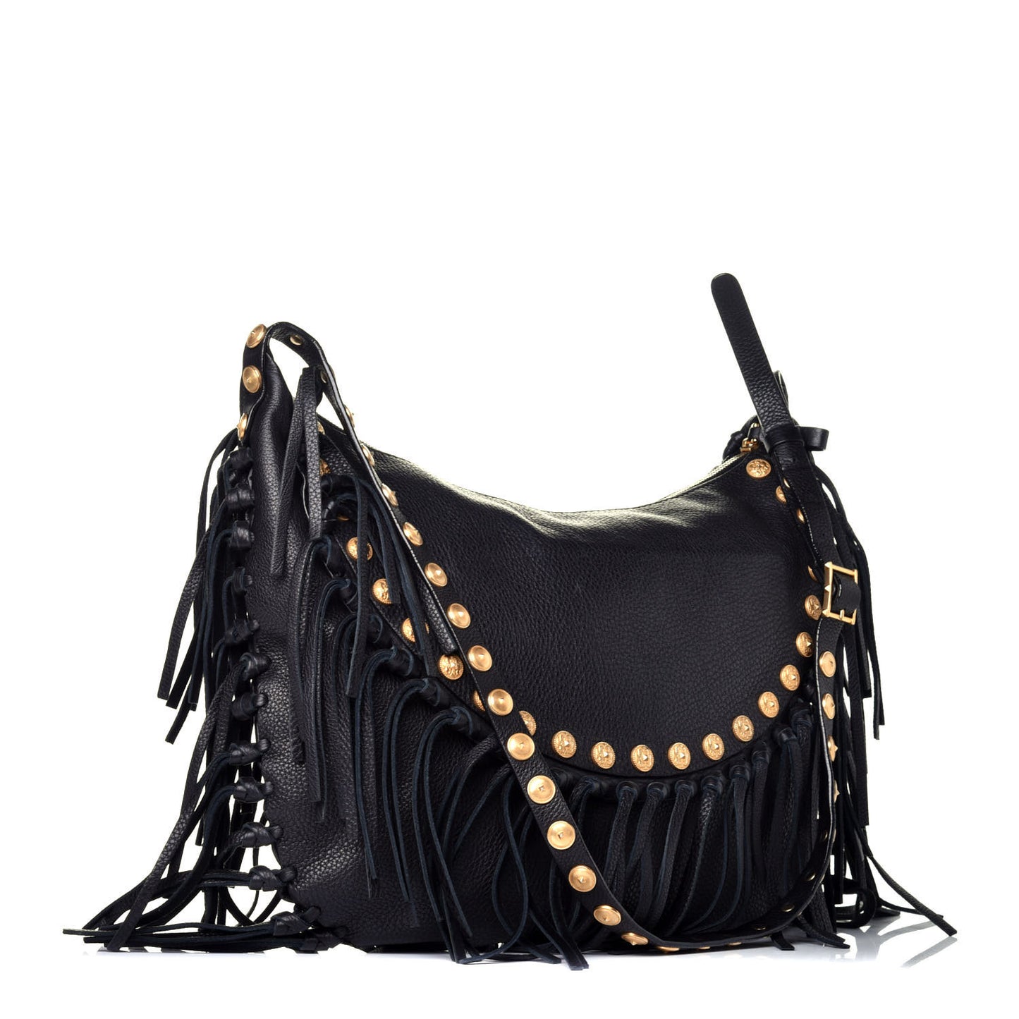 Grained Calfskin C-Rockee Fringe Hobo Black