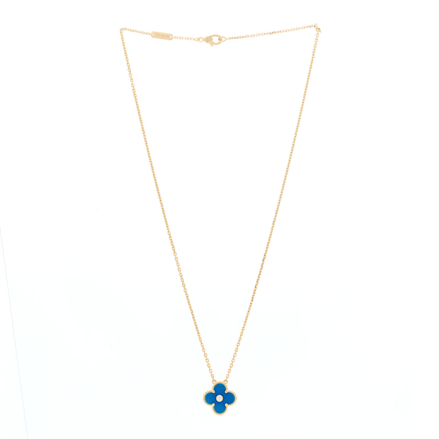 18K Yellow Gold Diamond Celestial Blue Sevres Porcelain Vintage Alhambra Pendant Necklace