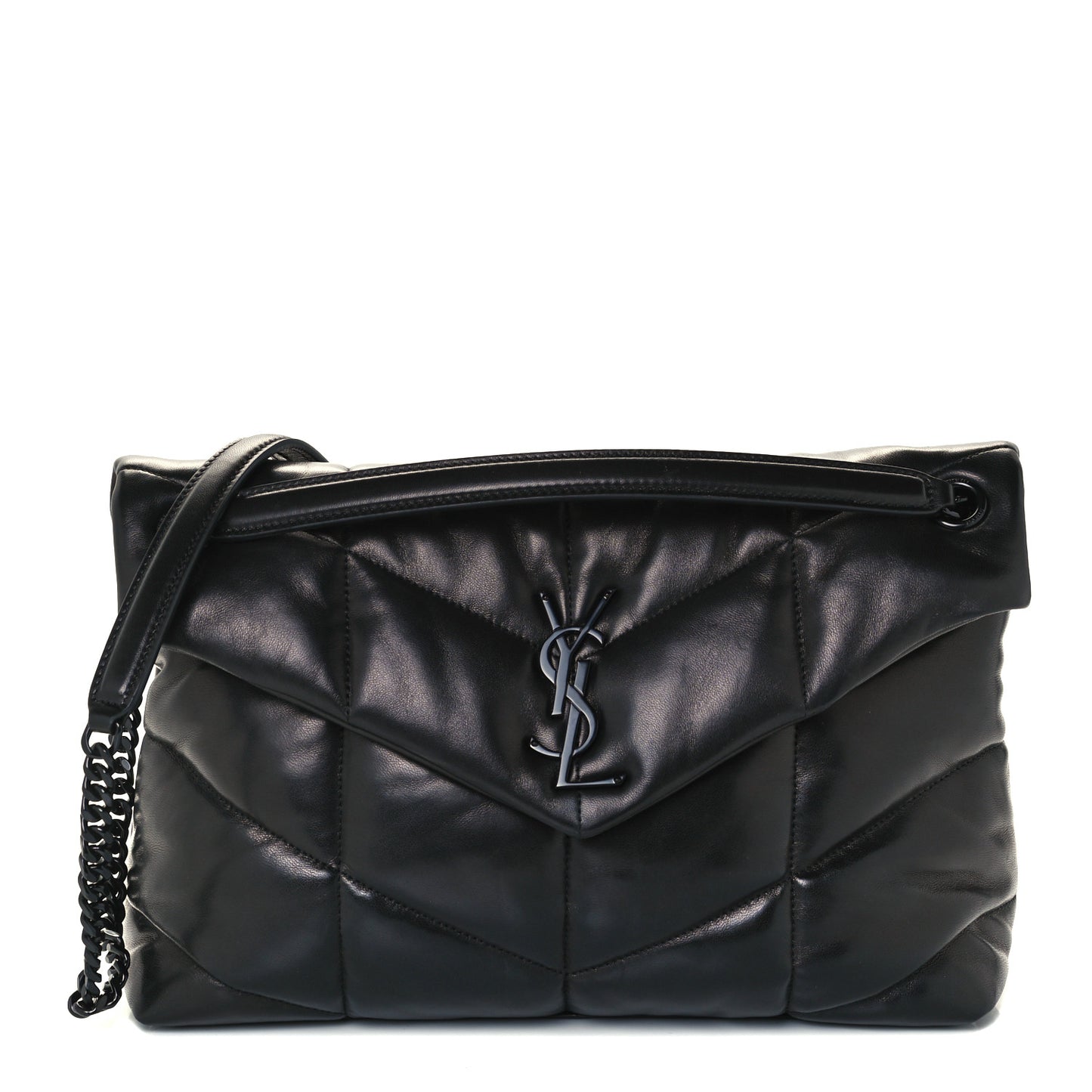 Lambskin Quilted Medium Loulou Puffer Monogram Chain Satchel Black