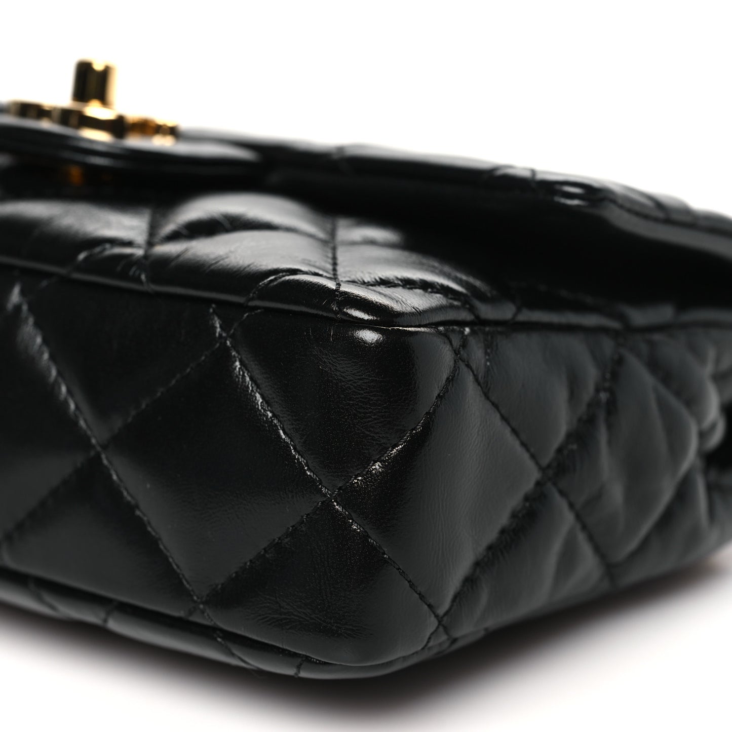 Shiny Lambskin Quilted Golden Links Top Handle Flap Black