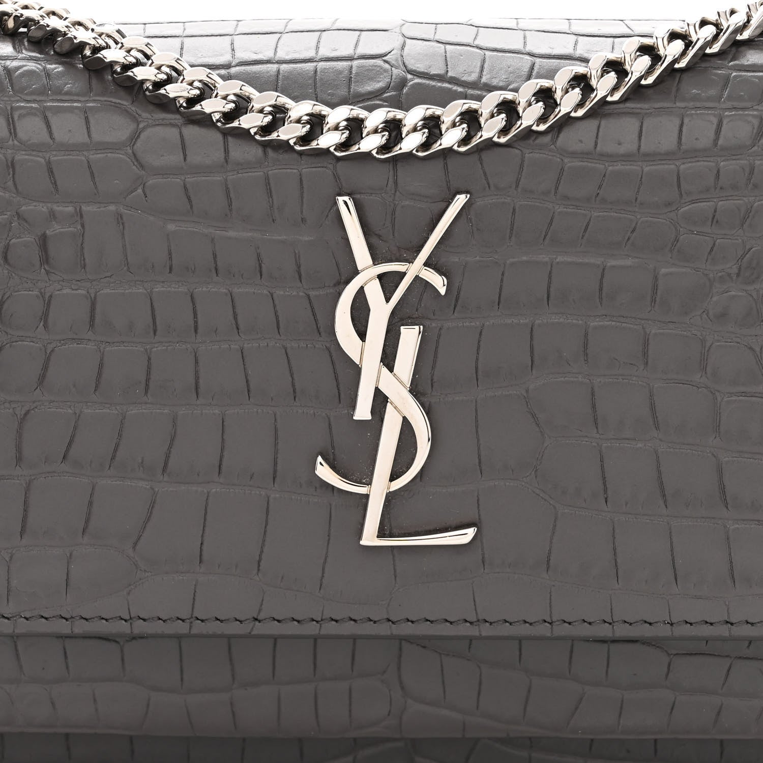 Saint Laurent Calfskin Crocodile Embossed Monogram Sunset Chain Wallet Graphite 8 of 14