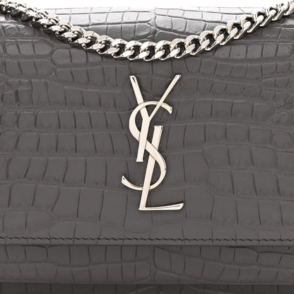Saint Laurent Calfskin Crocodile Embossed Monogram Sunset Chain Wallet Graphite 8 of 14