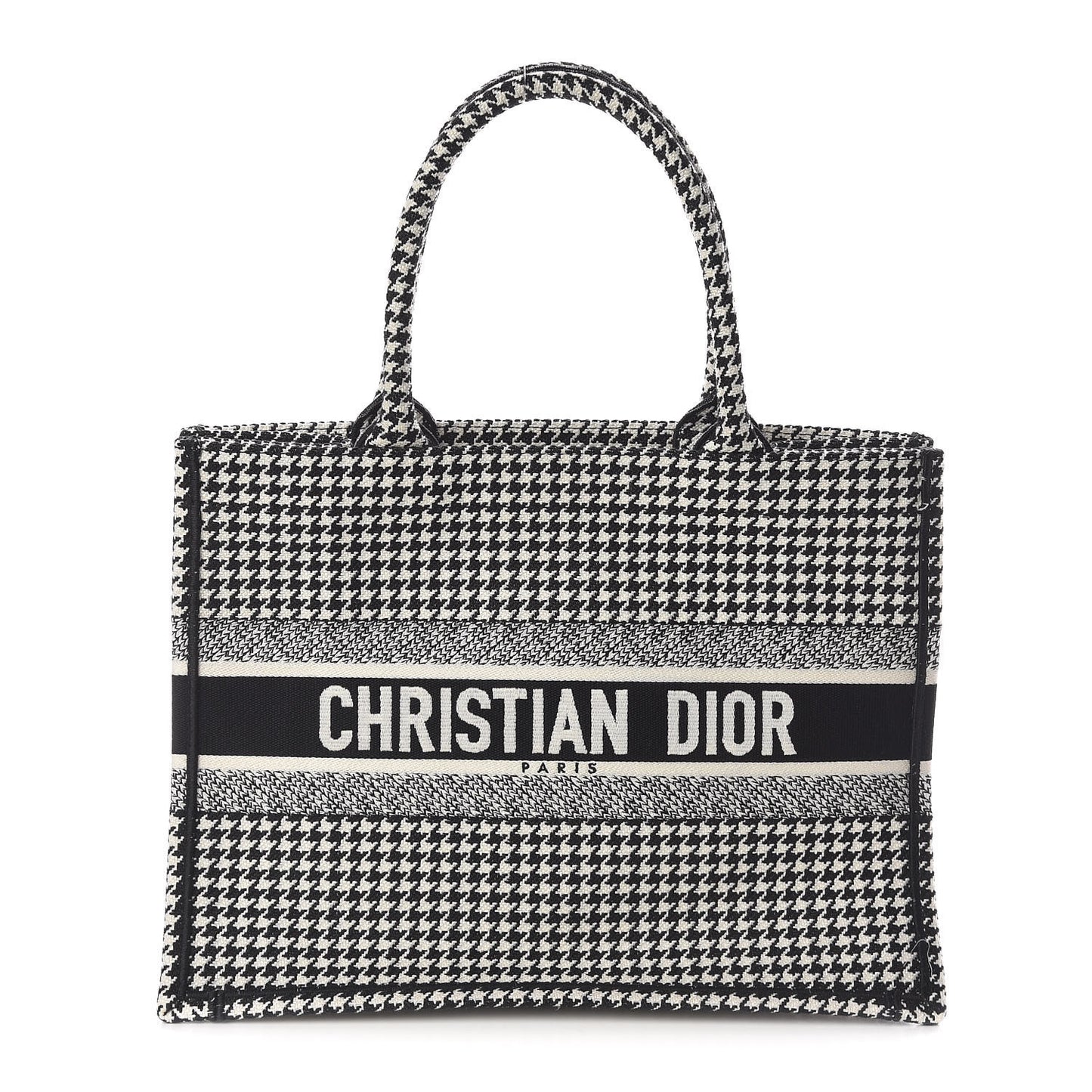 Canvas Houndstooth Embroidered Medium Book Tote Black White