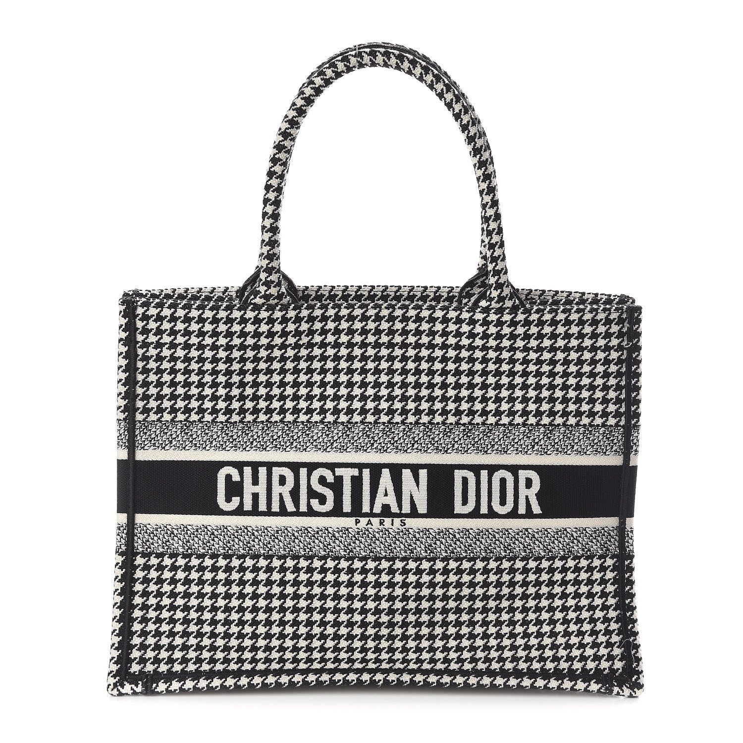 Christian Dior Canvas Houndstooth Embroidered Medium Book Tote Black White 1 of 10