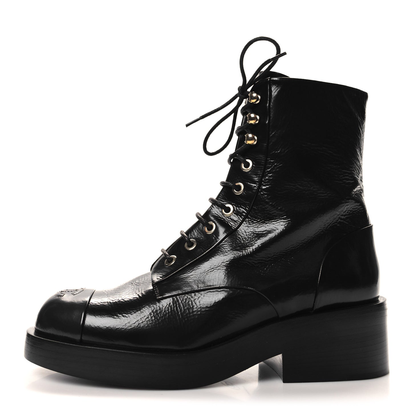 Shiny Goatskin Cap Toe Combat Boots 37.5 Black Dark Grey