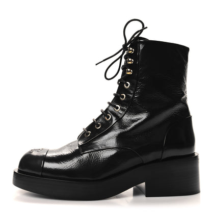 Chanel Shiny Goatskin Cap Toe Combat Boots 37.5 Black Dark Grey 1 of 8