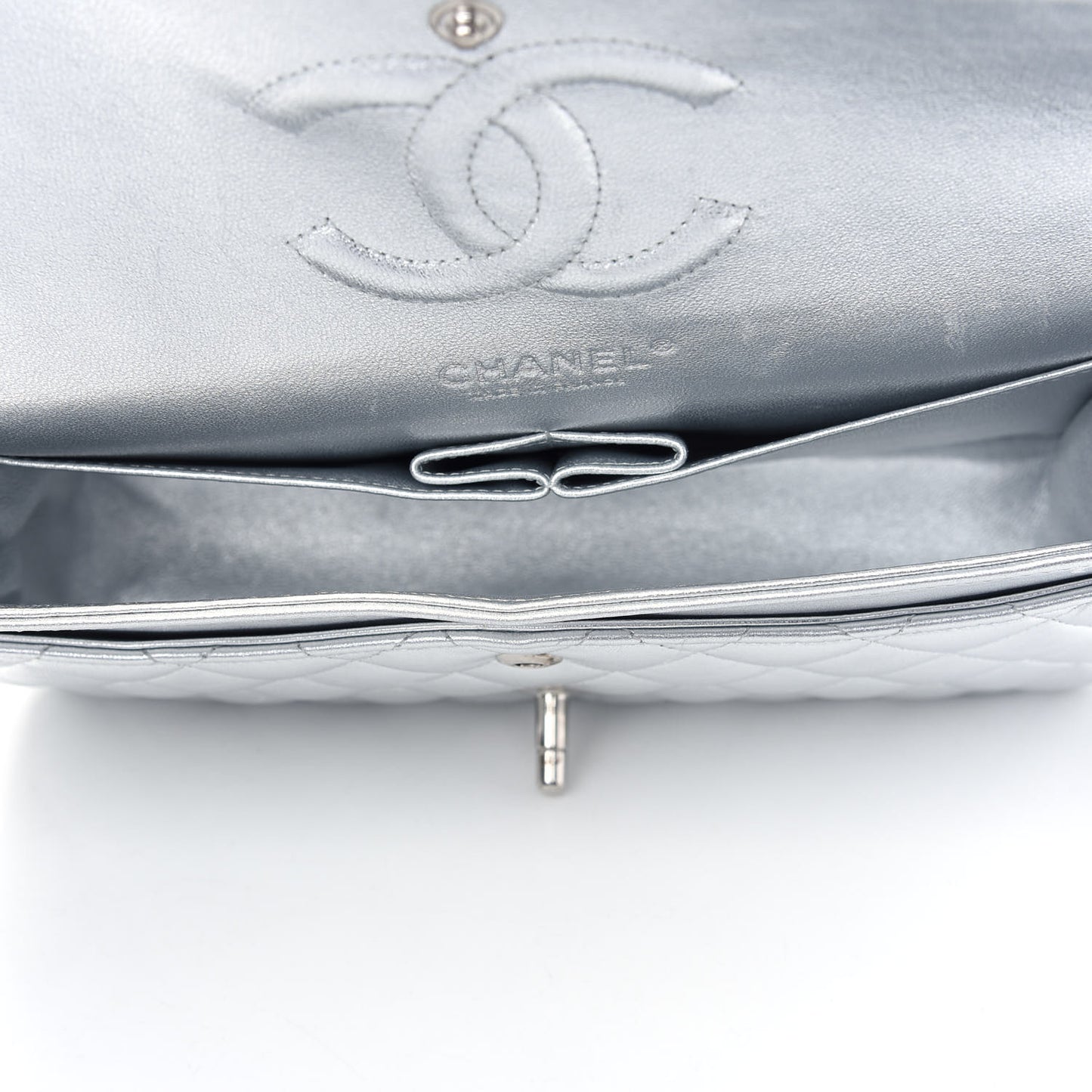 Metallic Lambskin Quilted Medium Double Flap Silver