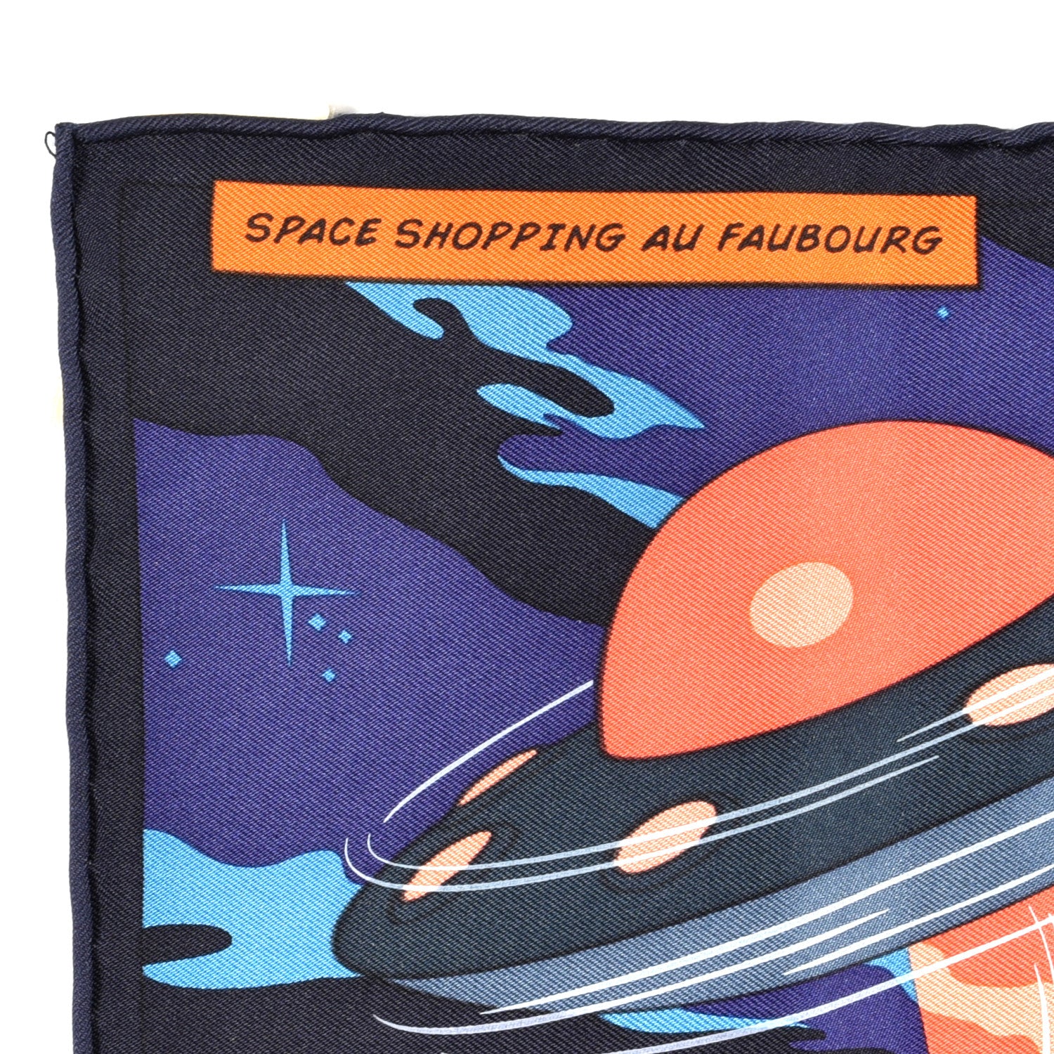 Hermes Silk Space Shopping Au Faubourg Pocket Square Marine Orange Violet 4 of 5