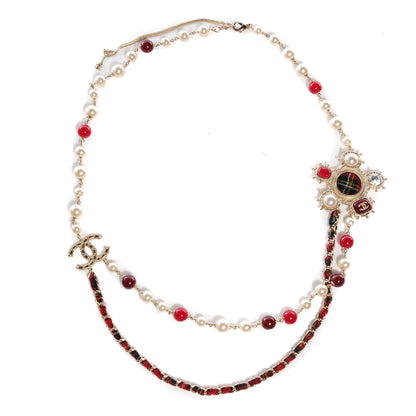 Chanel Gripoix Crystal Pearl Tweed Medallion Necklace Gold 1 of 5