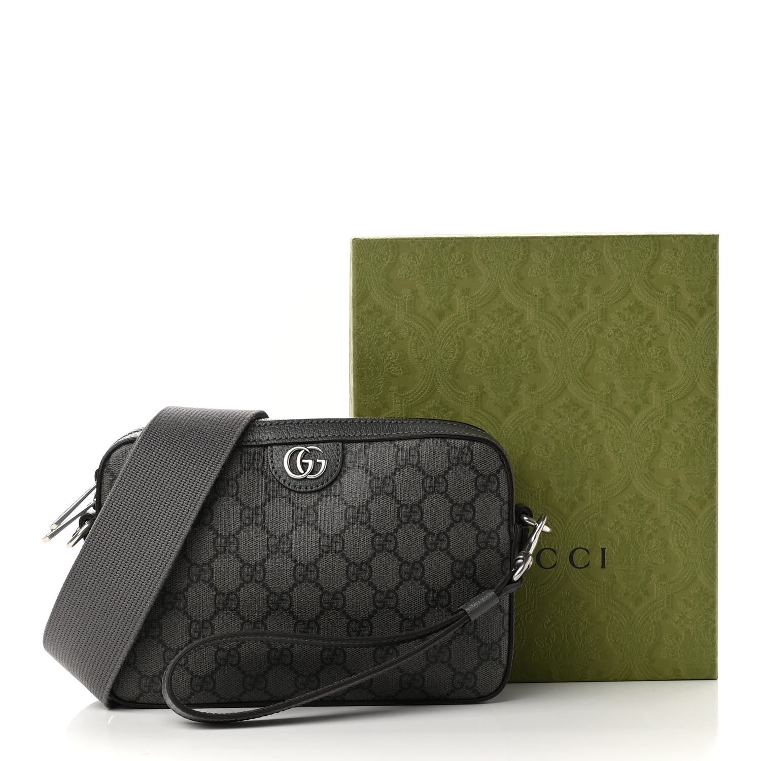 Gucci GG Supreme Monogram Textured Dollar Calfskin Web Ophidia Wristlet Shoulder Bag Grey Black Graphite Grey 9 of 9