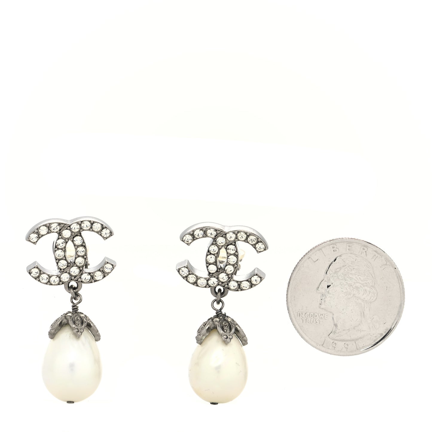 Crystal Pearl CC Drop Earrings Silver