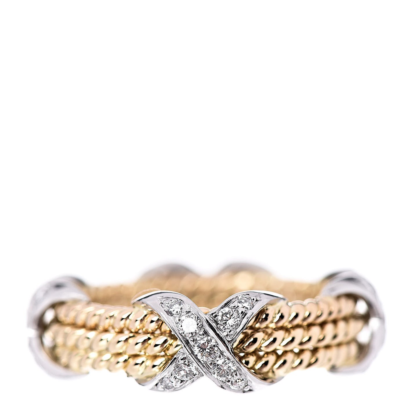 18K Yellow Gold Platinum Diamond Schlumberger Rope 3 Row X Ring 50 5.25