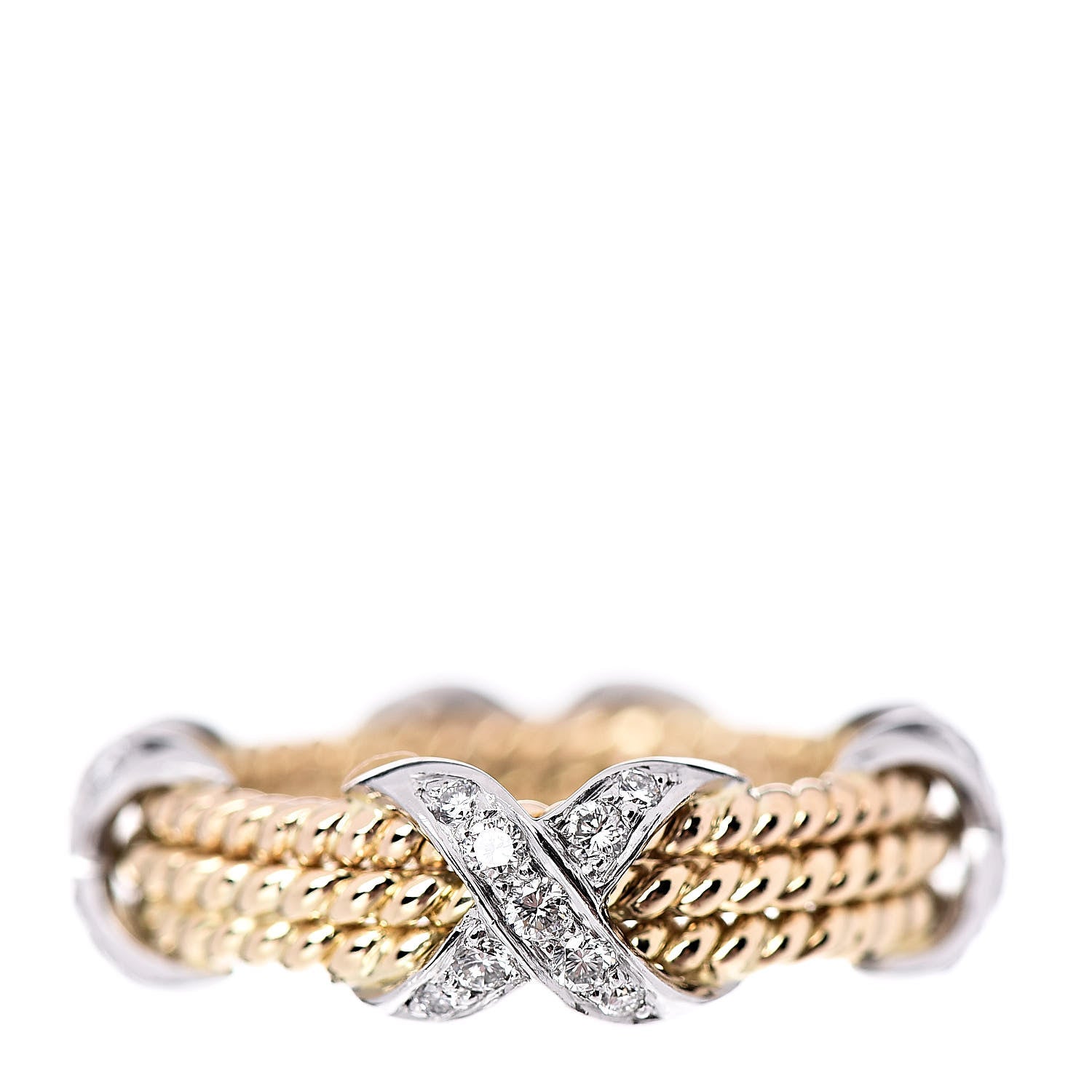 Tiffany 18K Yellow Gold Platinum Diamond Schlumberger Rope 3 Row X Ring 50 5.25 3 of 5
