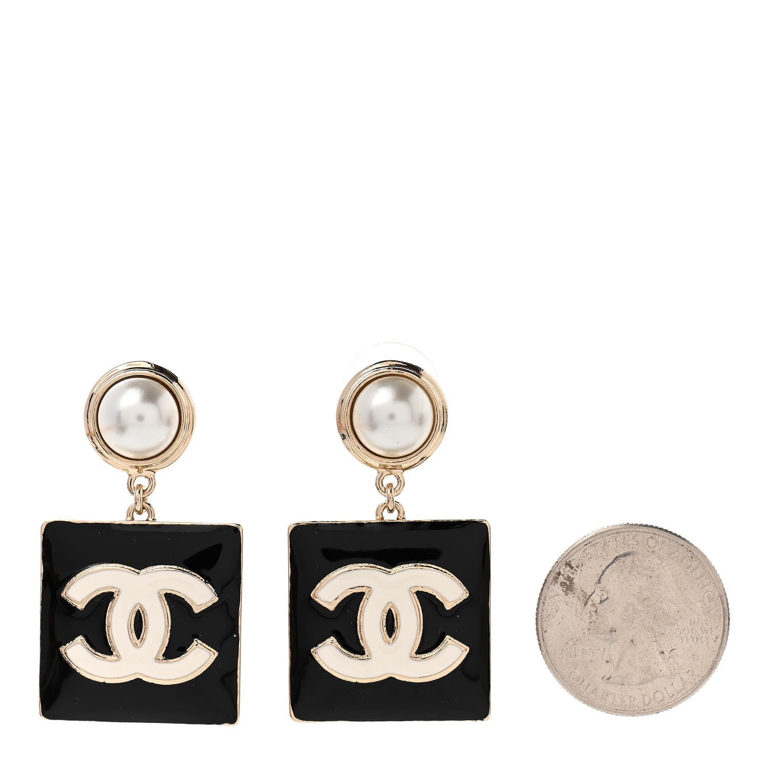 Chanel Metal Resin Pearl CC Drop Earrings Gold Black White 2 of 4