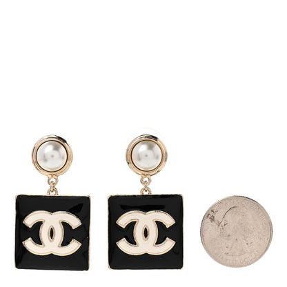 Chanel Metal Resin Pearl CC Drop Earrings Gold Black White 2 of 4