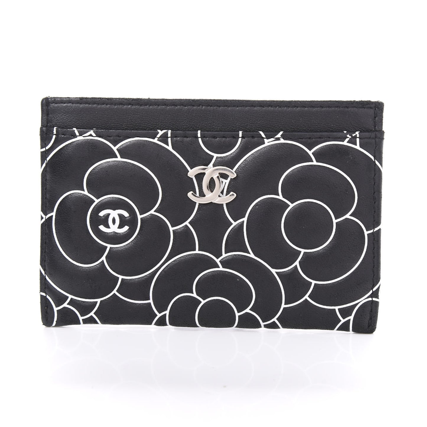 Lambskin Camellia Embossed Card Holder Black White