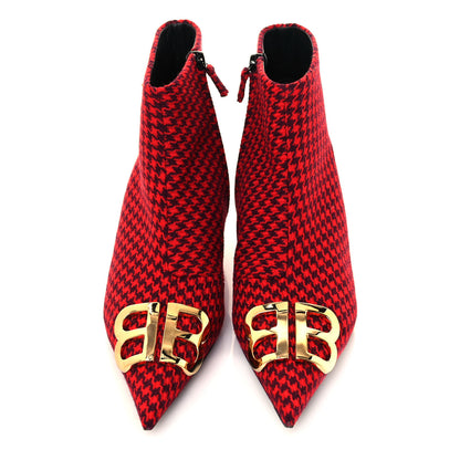 Balenciaga Wool Houndstooth BB Pointy Toe Ankle Booties 39 Red Black Gold 3 of 8