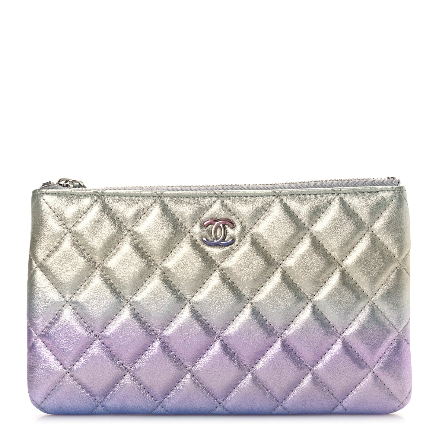 Gradient Metallic Calfskin Quilted Cosmetic Case Silver Blue Yellow Purple