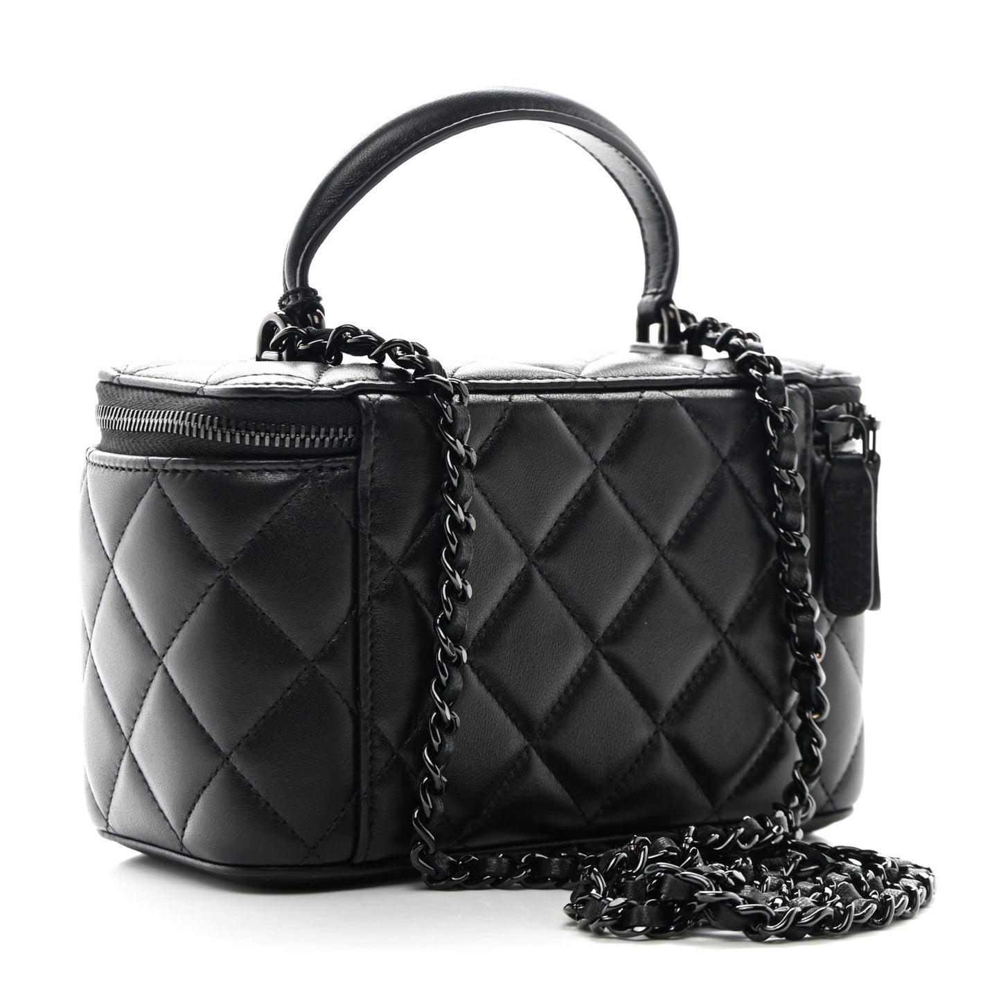 Lambskin Quilted Small Top Handle Vanity Case With Chain So Black
