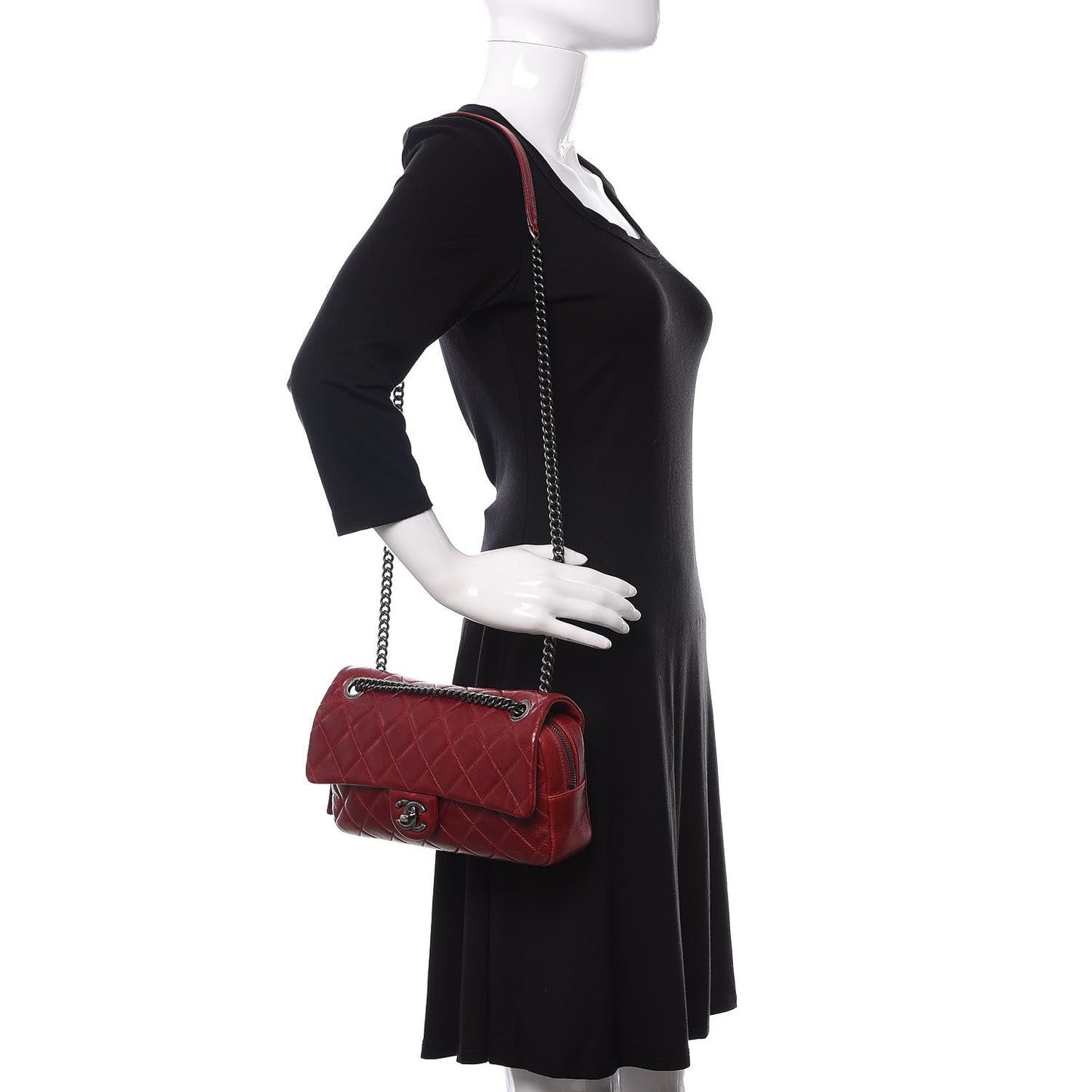 Glazed Calfskin Quilted Medium Duo Color Flap Dark Red