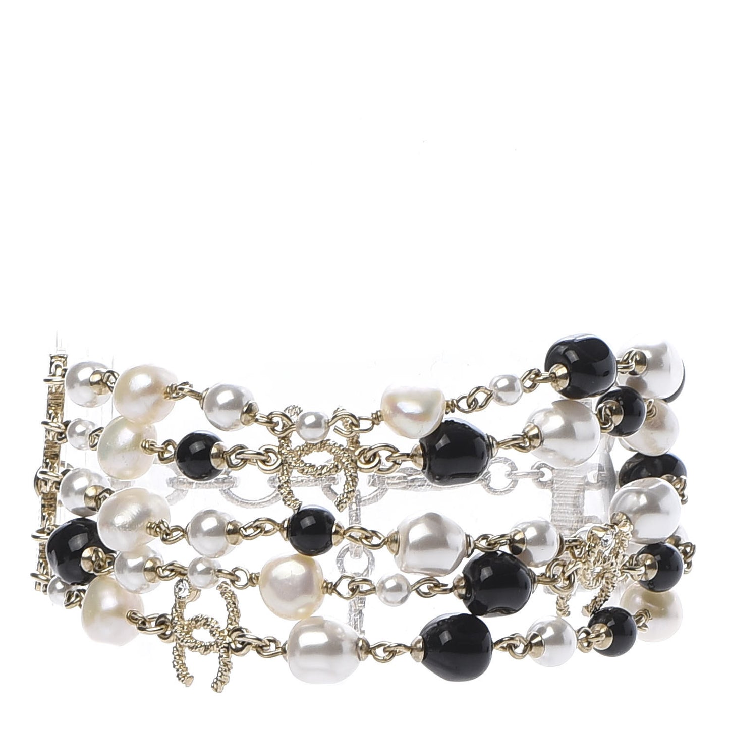 Pearl Bead Crystal CC Multi Strand Byzantine Chain Bracelet Black Gold