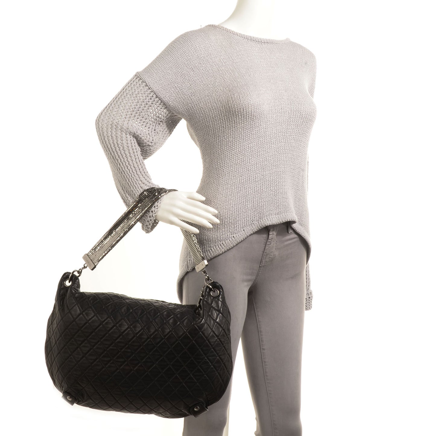 Lambskin Large Chain Mail Hobo Black