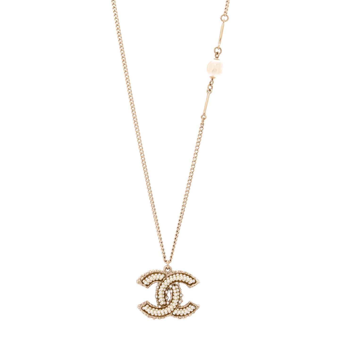 Crystal Pearl CC Pendant Necklace Gold