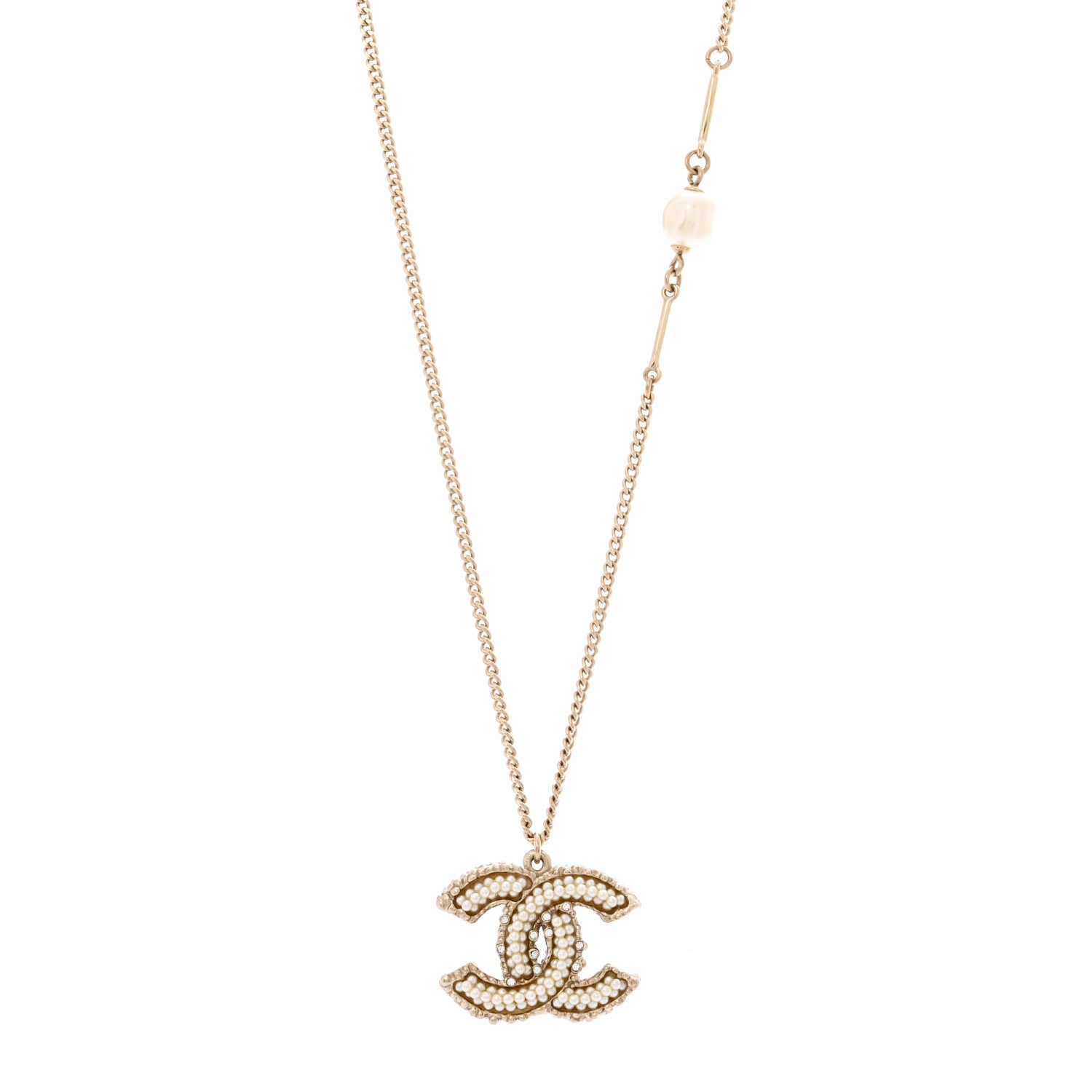 Chanel Crystal Pearl CC Pendant Necklace Gold 1 of 6